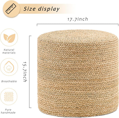 Handwoven Ottoman Pouf, Natural Seagrass Footstool, Round Braided Outdoor Seat with Sturdy Frame, Boho Accent Stool for Patio, Balcony, or Garden (Seagrass)