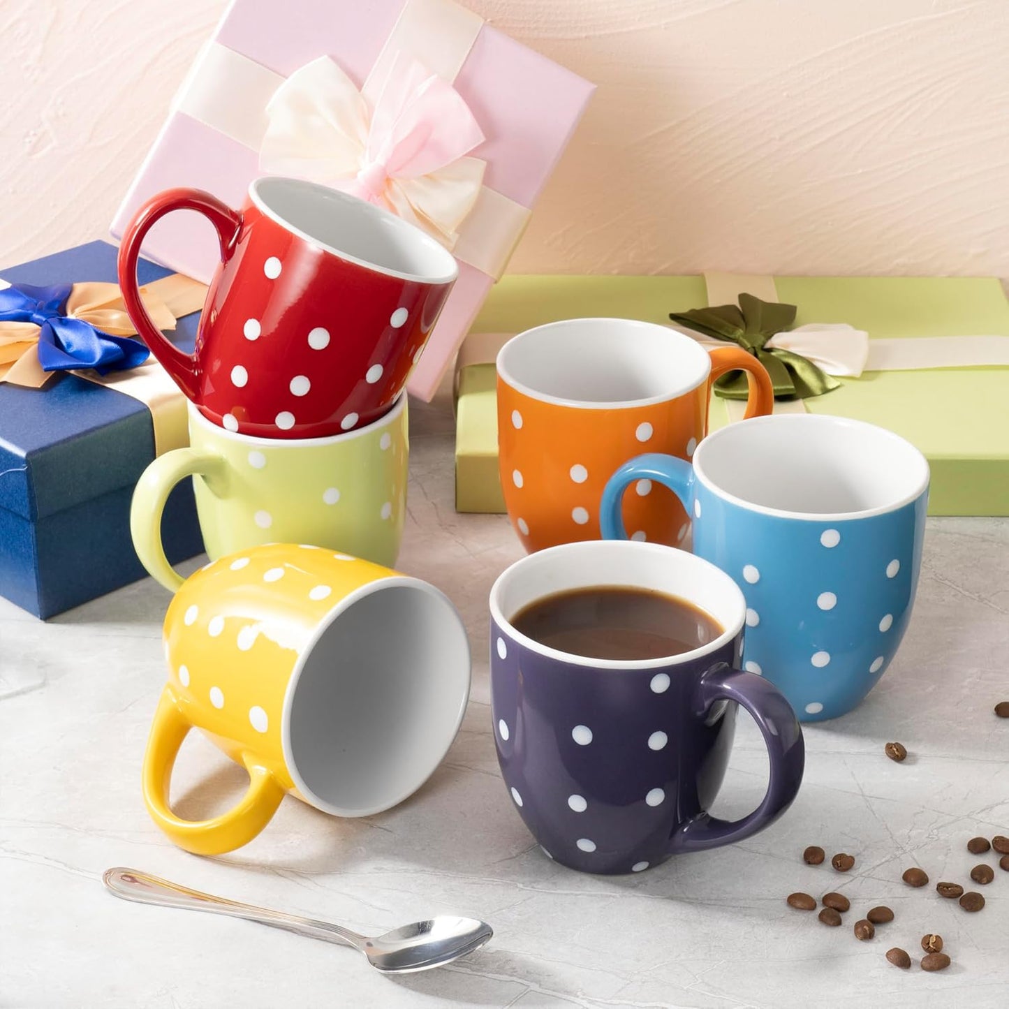 bestone Coffee Mugs Set of 6，17 oz Large Coffee Mugs, Ceramic Mugs with Handles,etc Coffee Mugs, Cups for Coffee Cereal Latte ，Microwave & Dishwasher safe，Vibrant Colors