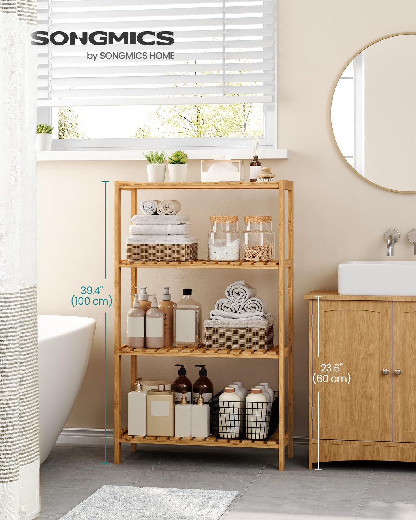 SONGMICS 4-Tier Bamboo Shelf, Freestanding Bathroom Storage Rack