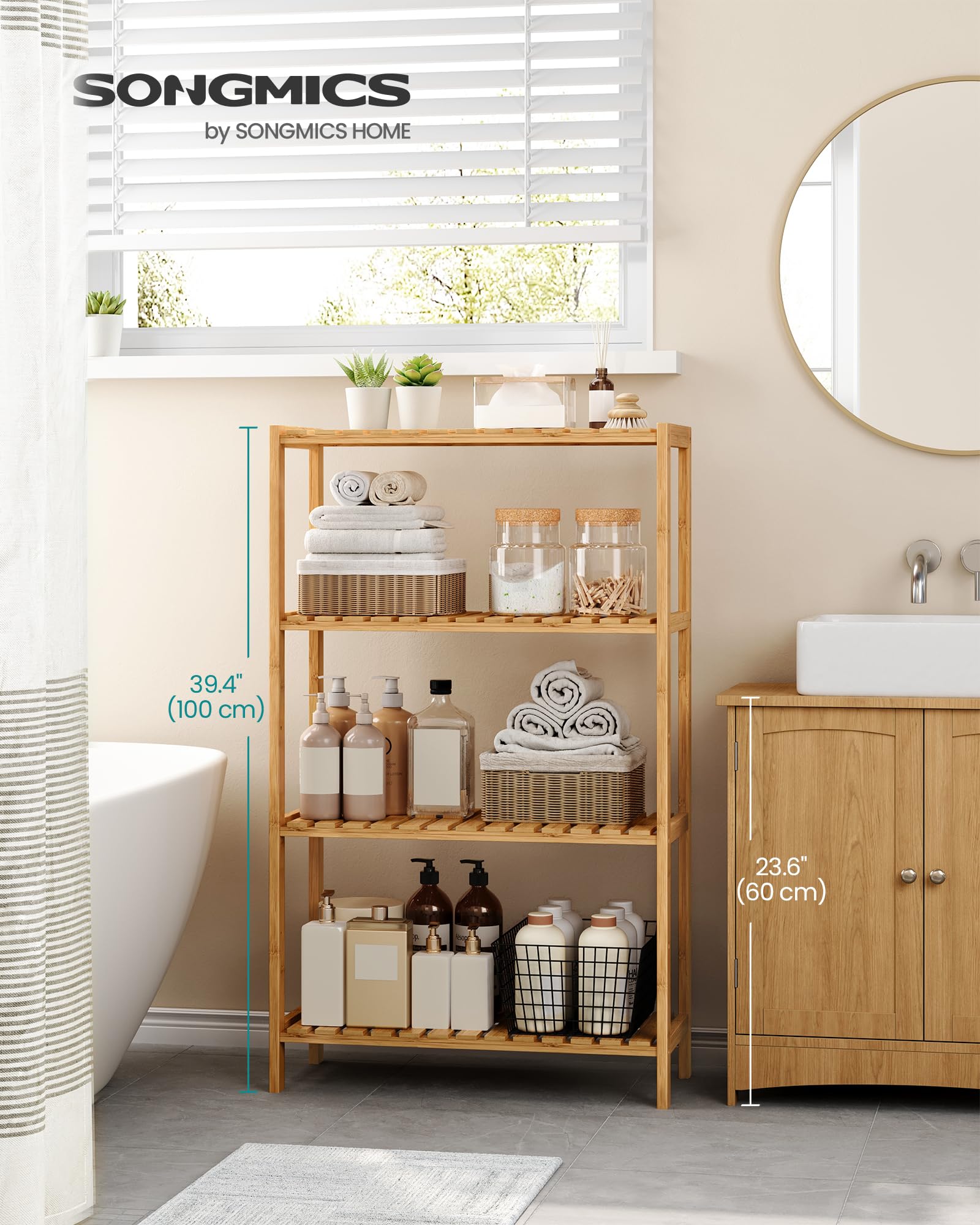 SONGMICS 4-Tier Bamboo Shelf, Freestanding Bathroom Storage Rack