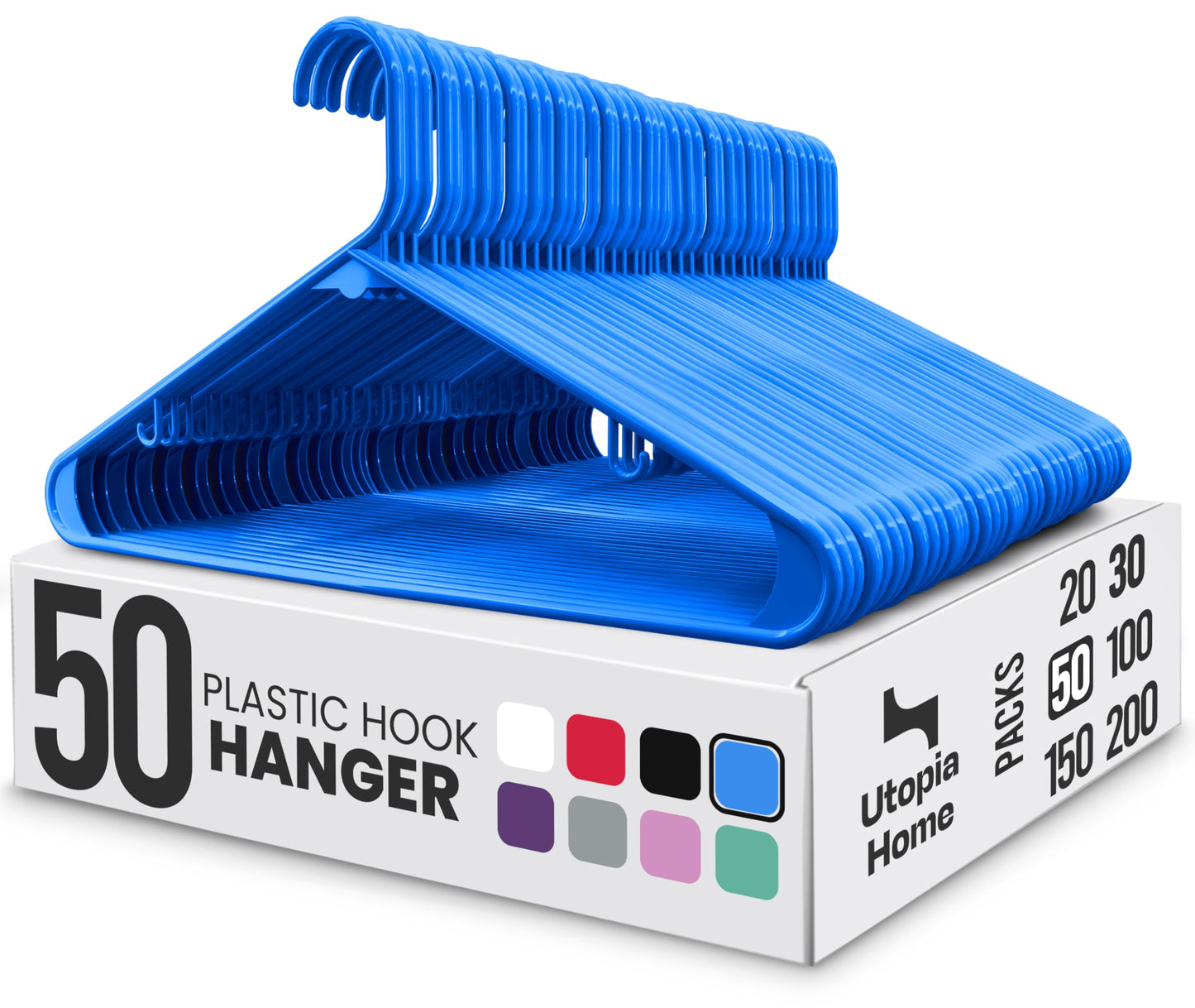 Utopia Home Plastic Hangers 50 Pack – Built-in Strap Hooks Blue