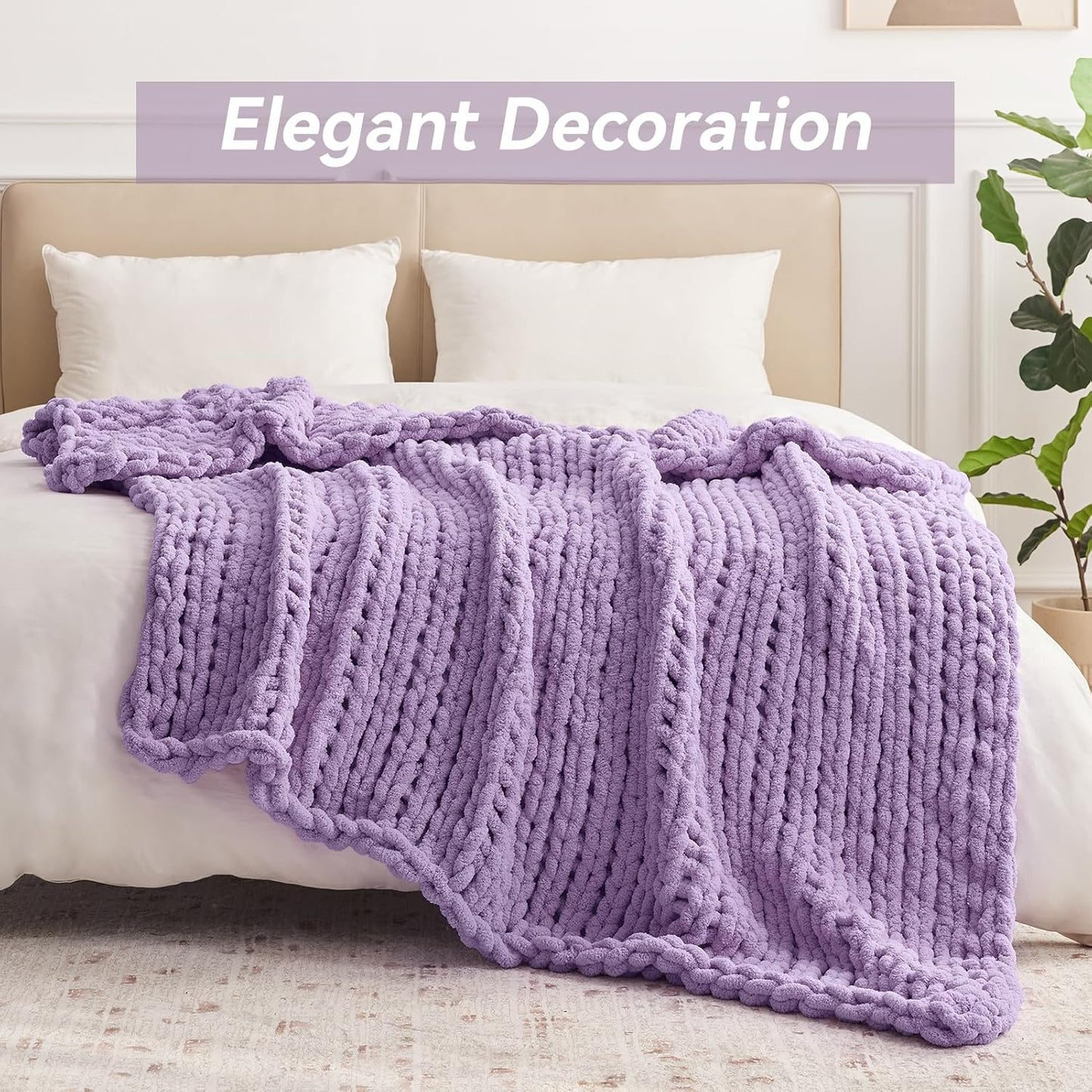 Chunky Knit Throw Blanket, 30''*40'' Knitted Throw Chenille Yarn for Bed Couch, Handmade Light Purple Crochet Big Thick Blanket, Machine Washable Cute Comfy Blanket for Home Decor