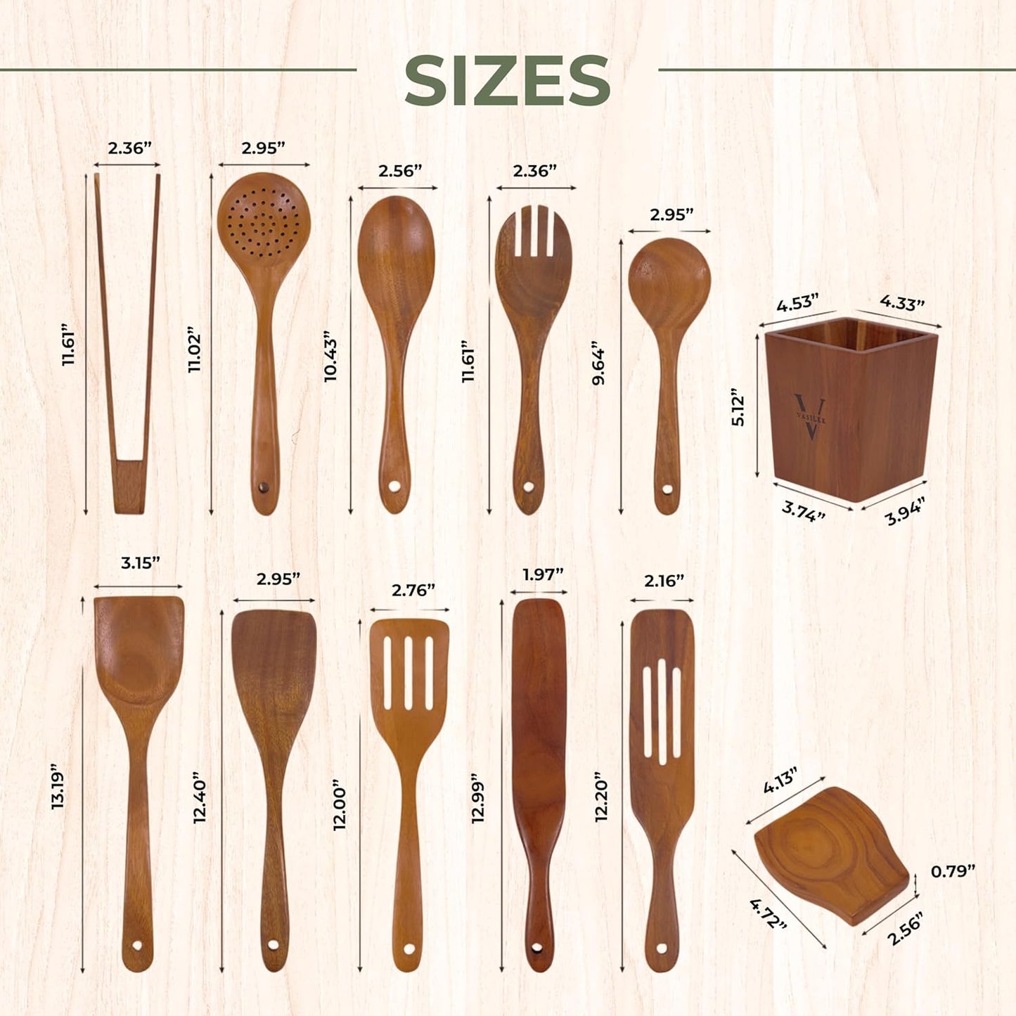 Vasilek Wooden Cooking Utensils Set – 12-Piece Acacia Wood Kitchen Utensil Set with Square Holder & Spoon Rest, Non Toxic Wooden Tools for Nonstick Cookware, Spatula, Ladle, Serving Spoon