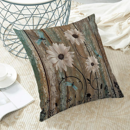 CXMEIFLY Spring Floral Pillow Covers 18 x 18 Inch Set of 2 for Brown Wood Texture Daisy Flowers Decor Throw Pillows Dragonfly Plant Floral Outdoor Decorative Cushion Cases for Couch Bed Decorations