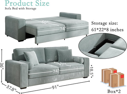 91-Inch Corduroy Pull Out Couch with Storage, Convertible Queen Sleeper Sofa with Pull Out Bed, Hide a Bed Couches for Bedroom, Guest Room, Apartment, Small Places, RV (Sage Green)
