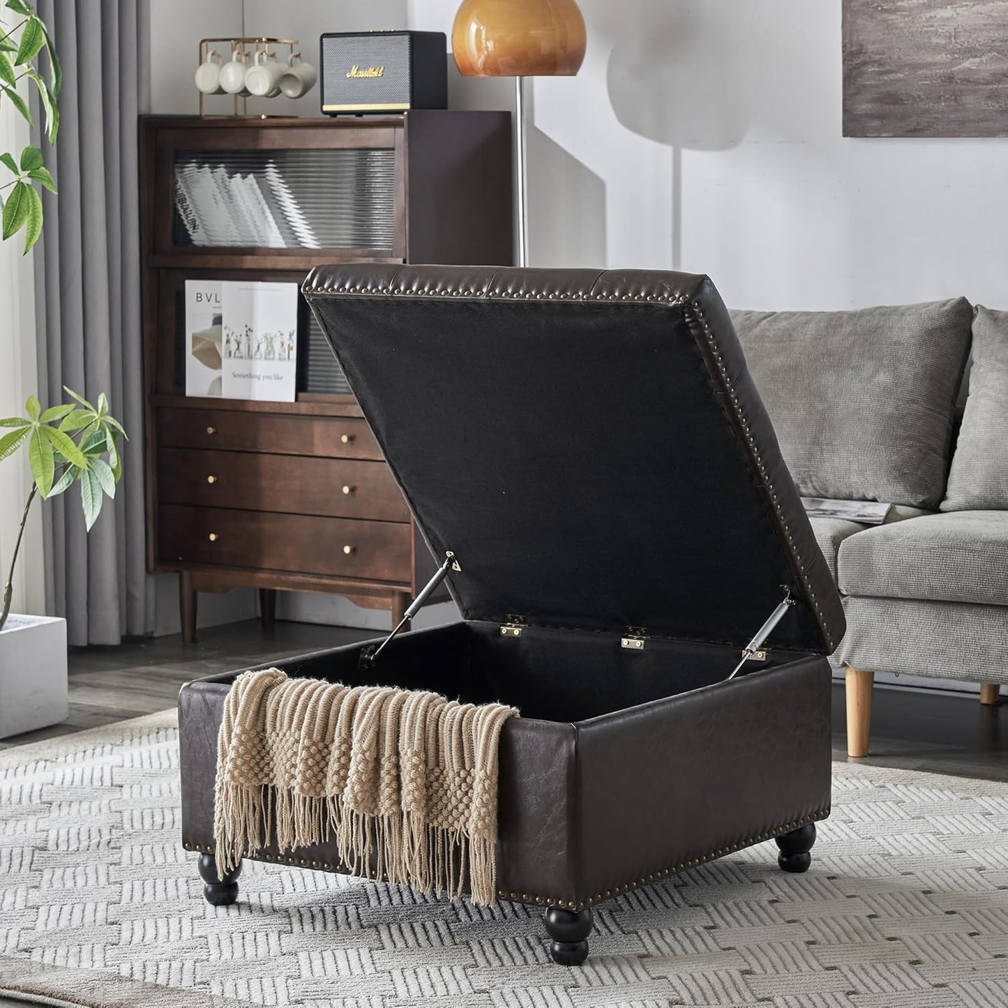 Square Storage Ottoman Bench Ottoman Coffee Table Bench Oversized Coffee Table Ottoman Bench with Storage for Living Room, Brown