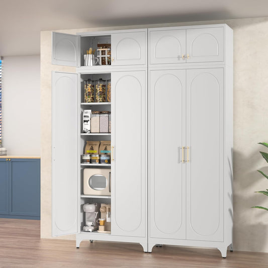 Kitchen Pantry Cabinet, 90" Tall Metal Pantry Cabinet, Food Cupboards with Doors and Shelves, Freestanding Storage Cabinets for Dining, Living Room, 16"D x 32"W x 90"H, White, Assembly Required