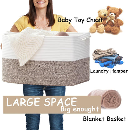 COMFY-HOMI Large Laundry for Organizing|Rectangle Cotton Rope Storage with Handles|Blanket for Living Room|Woven Laundry for Towels, Toys, Clothes-22x15x12”-White/Brown