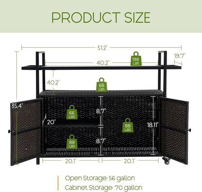 Wicker Outdoor Bar Cart - Black Patio Console Storage Table Buffet Cabinet Serving Kitchen Cart with Wheels for Outside Backyard