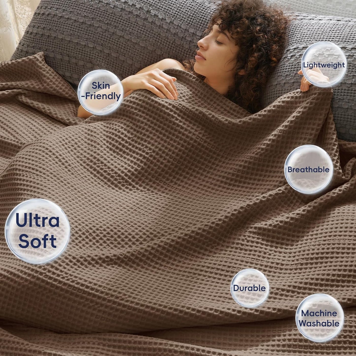 PHF Ultra Soft Waffle Weave Throw Blanket 50"x 60"- Washed Lightweight Breathable Cozy Woven Blanket for Bed - Aesthetic Decor for Couch Bedding Sofa Home Car - Cocoa Brown