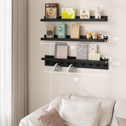 MBYD Floating Shelves for Wall, Nursery Floating Bookshelf for Kids Room, Black Wall Mount Book Shelves with Hooks for Living Room Bedroom Bathroom, 36 Inch Picture Ledge Kitchen Spice Rack Set of 3