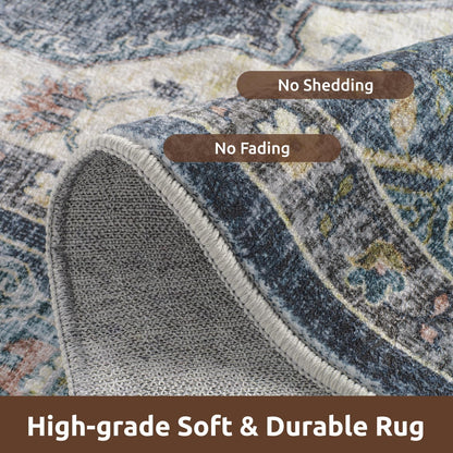 AMOAMI-Area Rug 8X10 Rugs for Living Room-Vintage Soft Blue Rugs for Bedroom-Non Slip Carpet-Washable Rug for Dining Room Living Room Bedroom Office Under Table