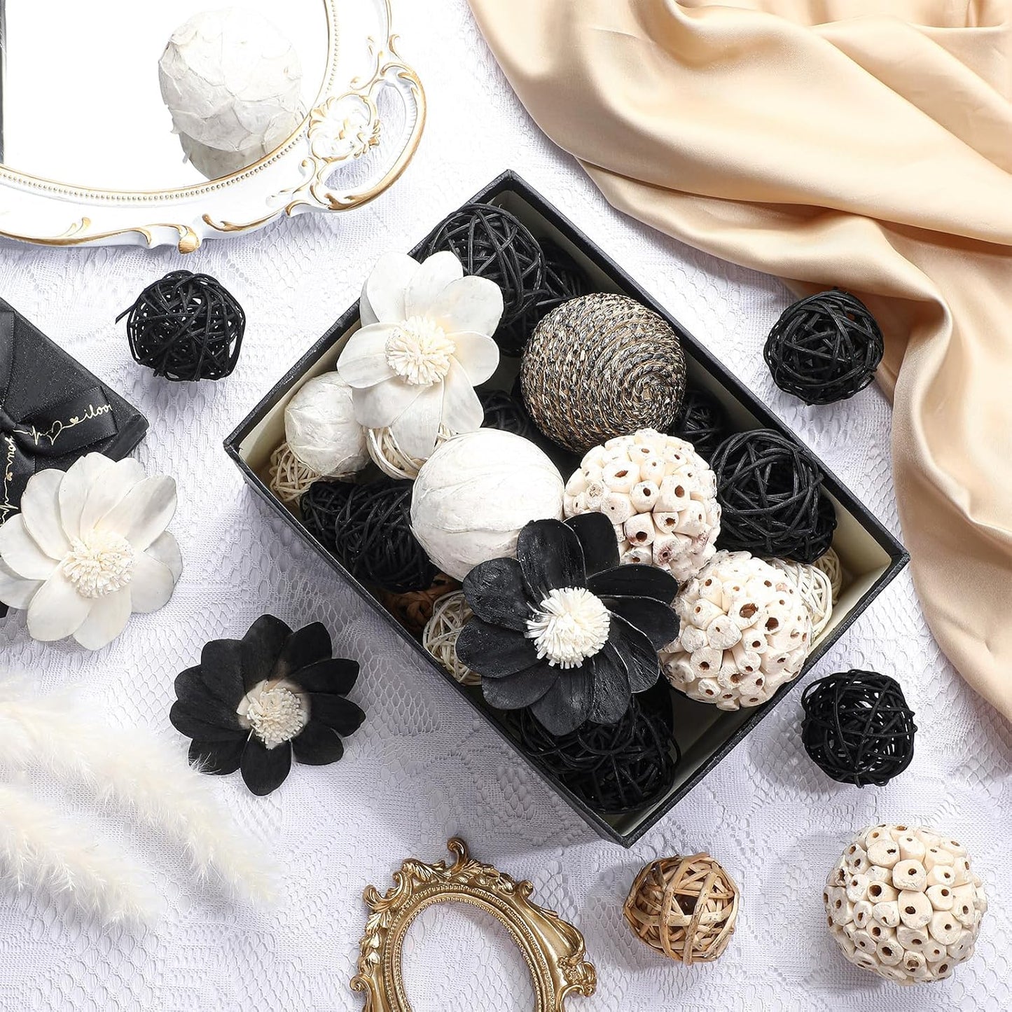 Riceshoot 2 Pack Decorative Balls Potpourri Bowl Filler Decor Natural Vase Bowl Filler Assorted Spherical Rattan Twigs Wicker Balls Cotton for Home Centerpiece(Black)