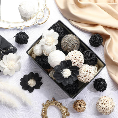 Riceshoot 2 Pack Decorative Balls Potpourri Bowl Filler Decor Natural Vase Bowl Filler Assorted Spherical Rattan Twigs Wicker Balls Cotton for Home Centerpiece(Black)
