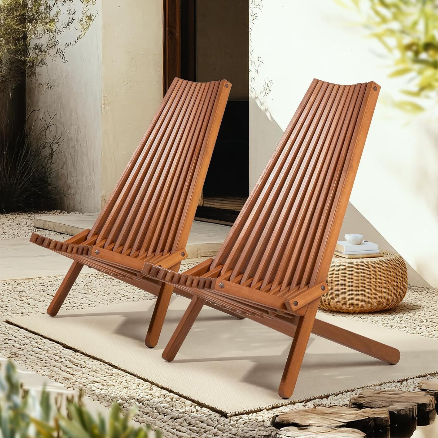 IDZO Elina FSC Eucalyptus Tamarack Chairs, 22.5x31.5x36 in, Weatherproof Wood, Lightweight 19 lb Design, Folding High-Backrest, Natural Finish – Ideal for Patio Furniture Set or Outdoor Furniture