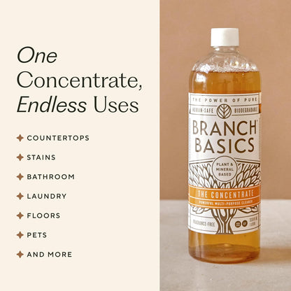 Branch Basics Cleaning Essentials Kit in Glass: All Purpose Cleaner and Bathroom Cleaner - Concentrate (33.8 Oz) + Glass Spray Bottles for Cleaning (16 Oz) Fragrance-Free