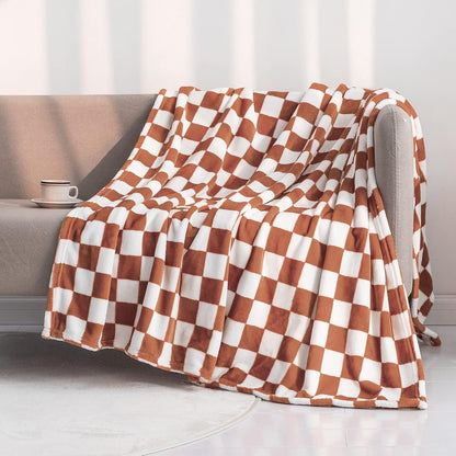 LOMAO Throw Blankets Flannel Blanket with Checkerboard Grid Pattern Soft Throw Blanket for Couch, Bed, Sofa Luxurious Warm and Cozy for All Seasons (Maple Brown, 90"x110")