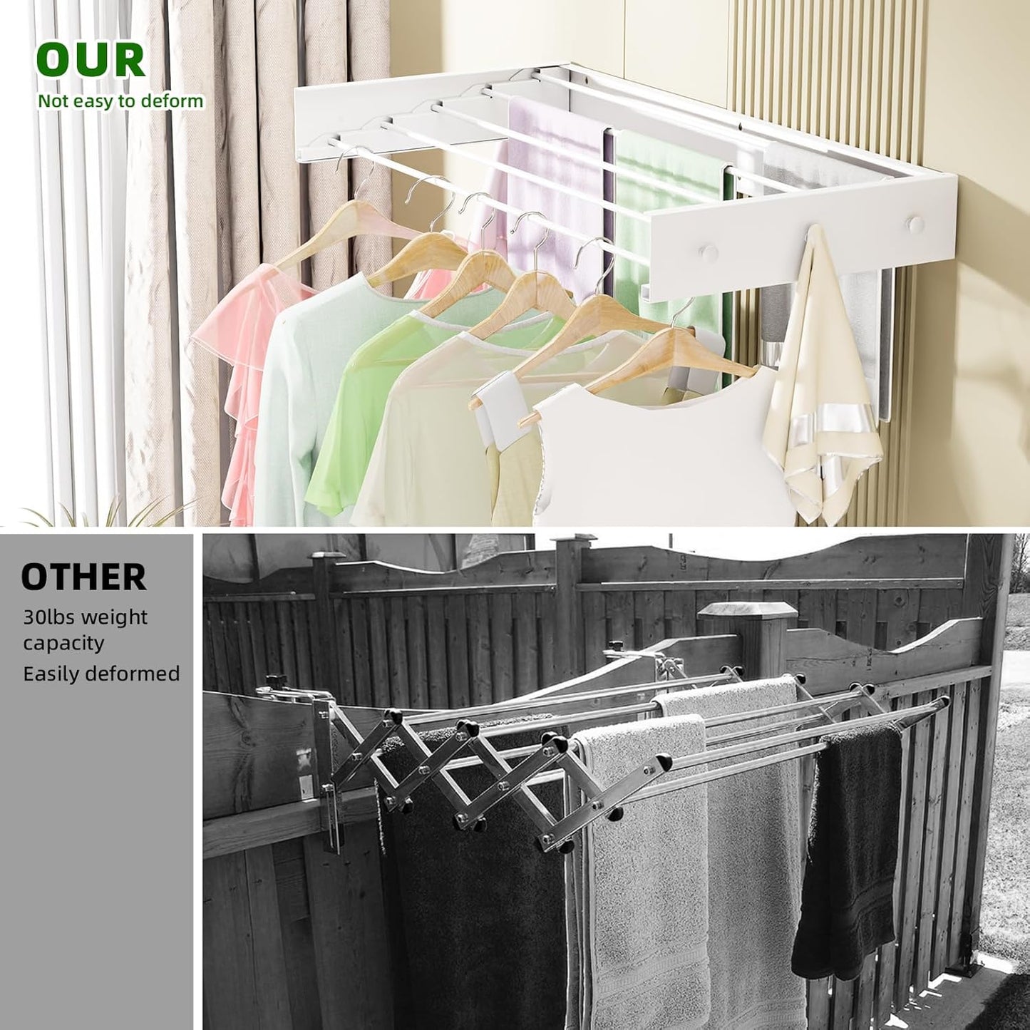 Wall Mounted Drying Rack for Laundry 31.5'', Folding Drying Rack Clothing Wall Mount with 5 Rods and 6 Hooks, Space Saving for Indoor Outdoor Bathroom Balcony (White, 31.5'')