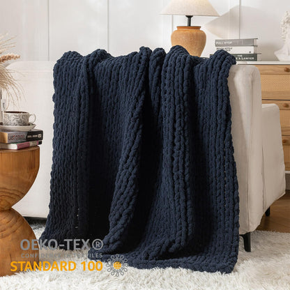 Chunky Knit Blanket Throw, 100% Hand Knit Throw Blanket Handmade Chenille Cable Knit Throw for Couch, Stylish Cozy Soft Rope Knot Crochet Blanket for Home Decor, Navy Blue, 50x60 Inches