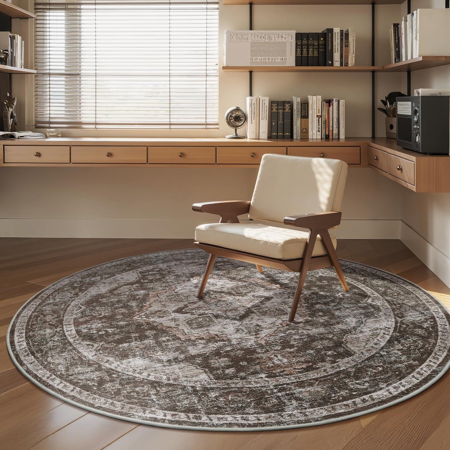 AMOAMI-6FT Round Rug-Rugs for Living Room-Vintage Soft Brick/Brown Rugs for Bedroom-Non Slip Circle Rug-Machine Washable Rug for Dining Room Living Room Bedroom Office Under Table