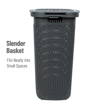 Mind Reader 60L Slim Laundry Hamper, Clothes Basket, Lid, Wicker Style, Plastic, 17.65"L x 13.75"W