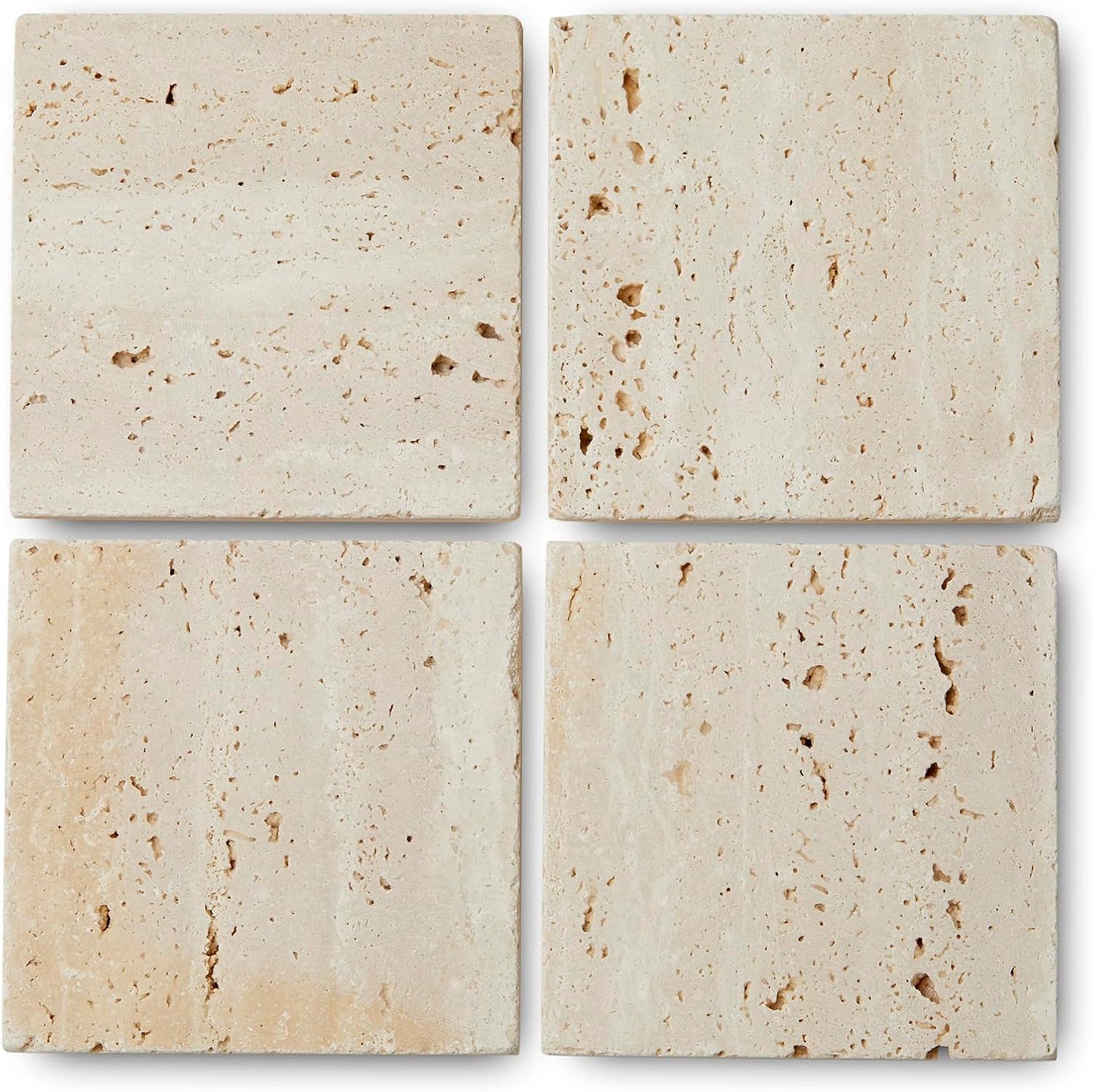 Marble Coasters – Set of 4 –Beige Travertine Bar Coasters for Drinks, Coffee –Stone Holder for Home Décor, Housewarming Gifts (Square)