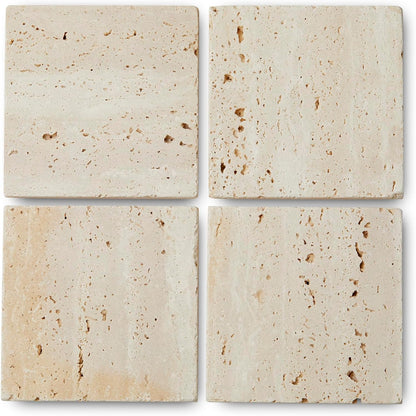 Marble Coasters – Set of 4 –Beige Travertine Bar Coasters for Drinks, Coffee –Stone Holder for Home Décor, Housewarming Gifts (Square)