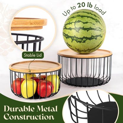Fruit Basket for Kitchen Counter Set of 3 - Large Stackable Baskets with Bamboo Lid - Perfect Holder For Fruit and Vegetable Storage - Keep Your Countertop Classy, Tidy and Slightly Fruity!