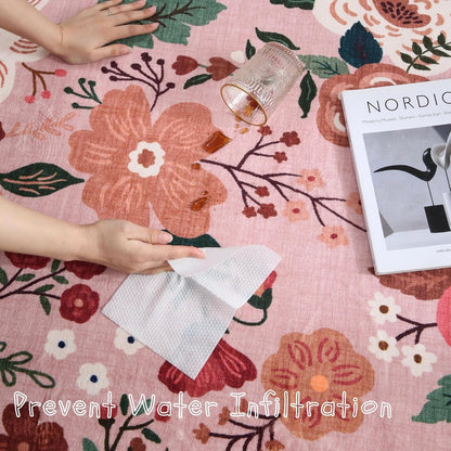 Round Rug 4ft Washable Circle Rug Non Slip Low Pile Boho Floral Small Circular Rug for Bedroom, Bathroom, Entryway, Kids Room, Office, College Dorm(Pink)