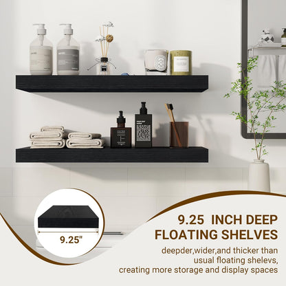 24 Inch Floating Shelves, 24"x9.25"x1.5" Inch Deep Floating Shelves for Wall, Wooden Shelves for Bathroom, Bedroom, Living Room, Black