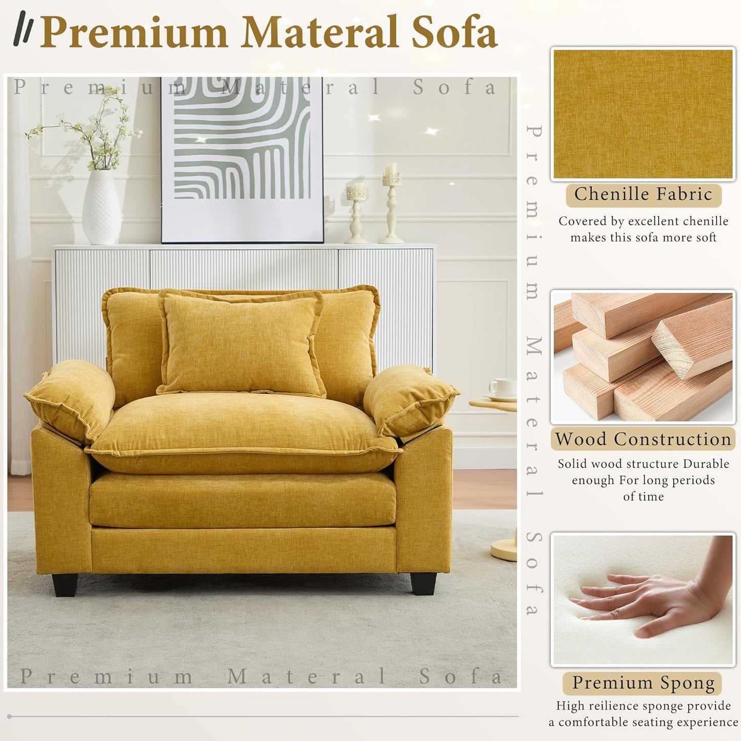 URRED Modular Sectional Sofa Comfy Cloud Couch, Modern Chenille Sofa Sleeper Deep Seat Couches with Ottoman/Pillows for Living Room (Yellow, 53'')