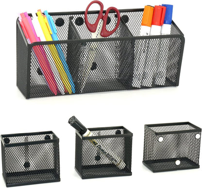 Neudeco Magnetic Pencil Holder, Locker Shelf Organizer, Metal Storage Basket for Whiteboard, Refrigerator, Ideal Cabinet for School, Black (Pack 4)