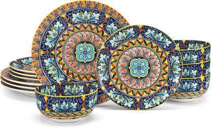 vancasso 12 Pieces Dinnerware Sets, Yellow Plates and Bowls Set, Porcelain Dishes Set for 4, Microwave and Dishwasher Safe, Scratch Resistant, Bohemian Style Dining Ware Service for 4, Series SIMI