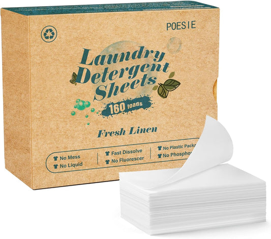 Poesie Laundry Detergent Sheets Fresh Linen Scent 160 Sheets 80 Large Loads Plastic Free Fast