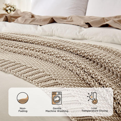 Joydeco Chunky Cable Knit Throw Blanket, Lightweight 100% Organic Cotton Soft Cozy Throw Twin Blanket for Couch Bed and Sofa, Rustic Breathable Farmhouse Blanket Gift for Women Men(Beige, 51"x63")