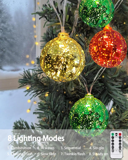 Christmas Tree Ball Ornament Lights 7FT Battery Operated Christmas Lights Indoor 10 LED Colored Ball Light with 8 Modes & Timer, Xmas Globe String Light for Bedroom Party Fireplace Porch Decor