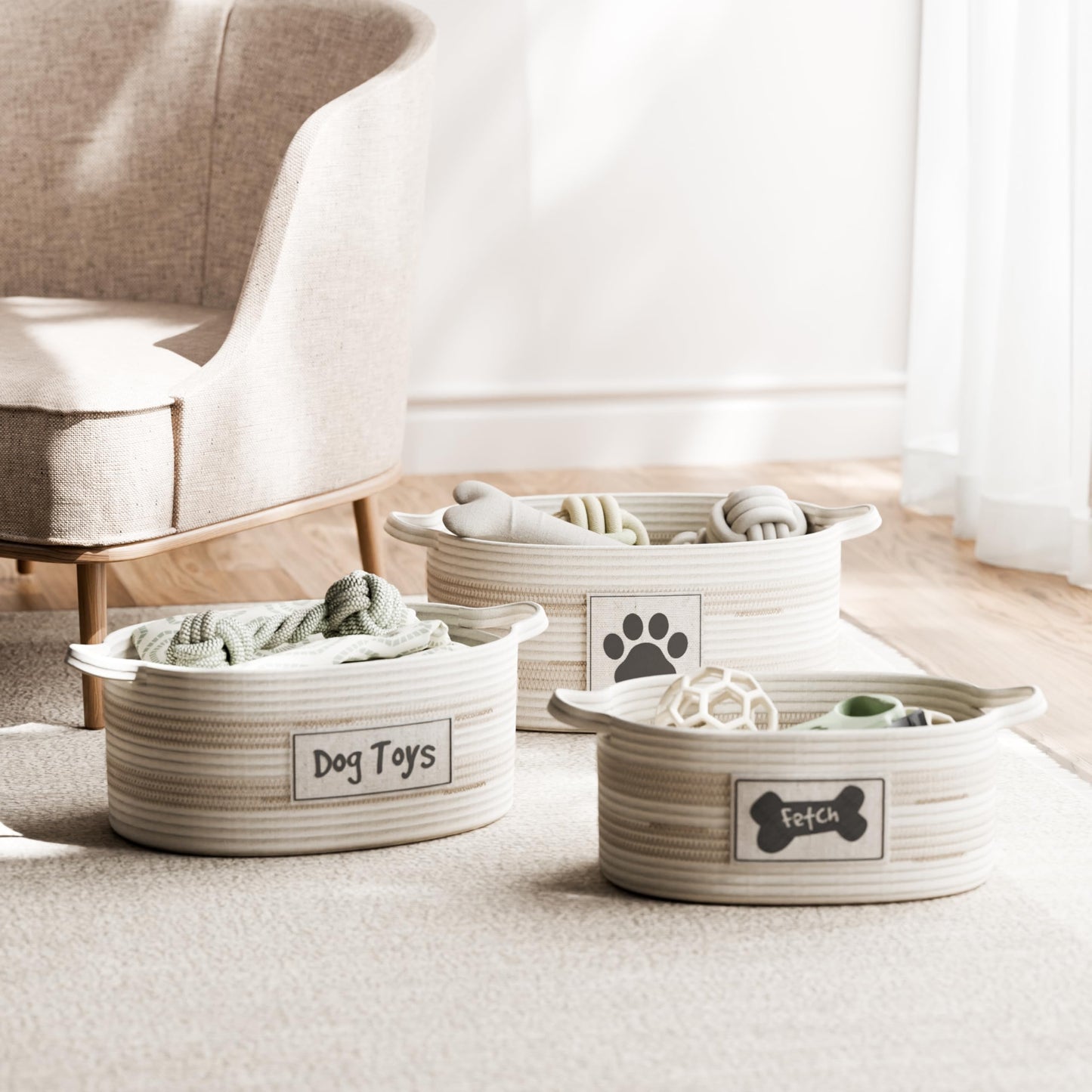 RGI Home Dog Toy Storage Baskets – Set of 3 Oval Fabric Rope Organizer Bins for Pet and Household