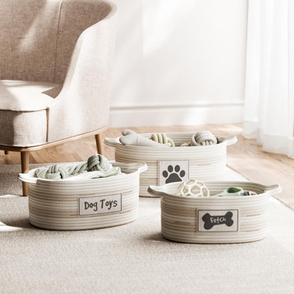 RGI Home Dog Toy Storage Baskets – Set of 3 Oval Fabric Rope Organizer Bins for Pet and Household