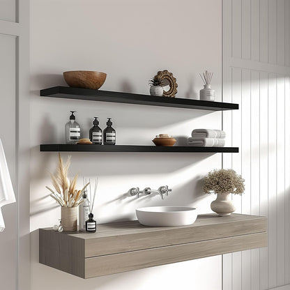 Wood Floating Shelves for Wall Decor, Rustic Wall Shelves for Bedroom Bathroom Kitchen Living Room, Set of 4 Black 48 Inch