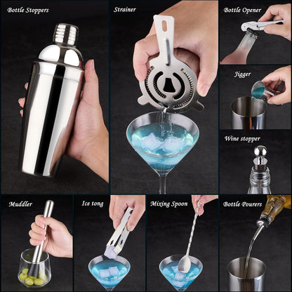 Cocktail Shaker Set Bartender Kit : 15-Piece Stainless Steel Bartender Kit with Acrylic Stand Bars Set with All Practical Bars Accessories, Bar Tools for Drink Mixing, Bar, Home, Lounge & Party