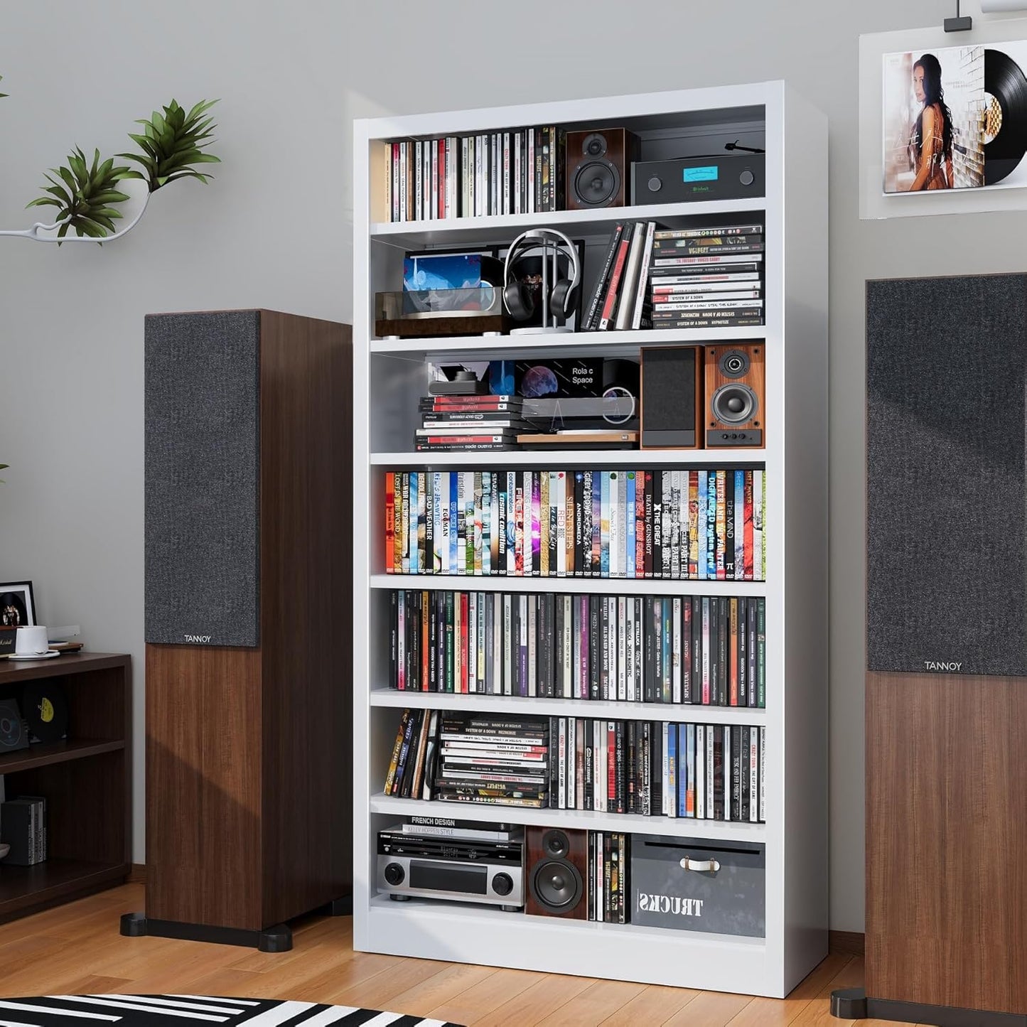 Metal DVD Storage Cabinets White, 7-Tier CD Storage Rack with Adjustable Shelves for CD Holder, Books, Games, Book Shelf for Living Room & Home Office