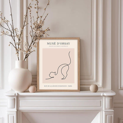 Poster Master Vintage Poster - Retro One Line Cat Drawing Print - Cat Art - Minimal Gift for Men, Women, Animal Lover - Abstract Wall Decor for Home, Office, Bedroom, 8x10 Beige Framed