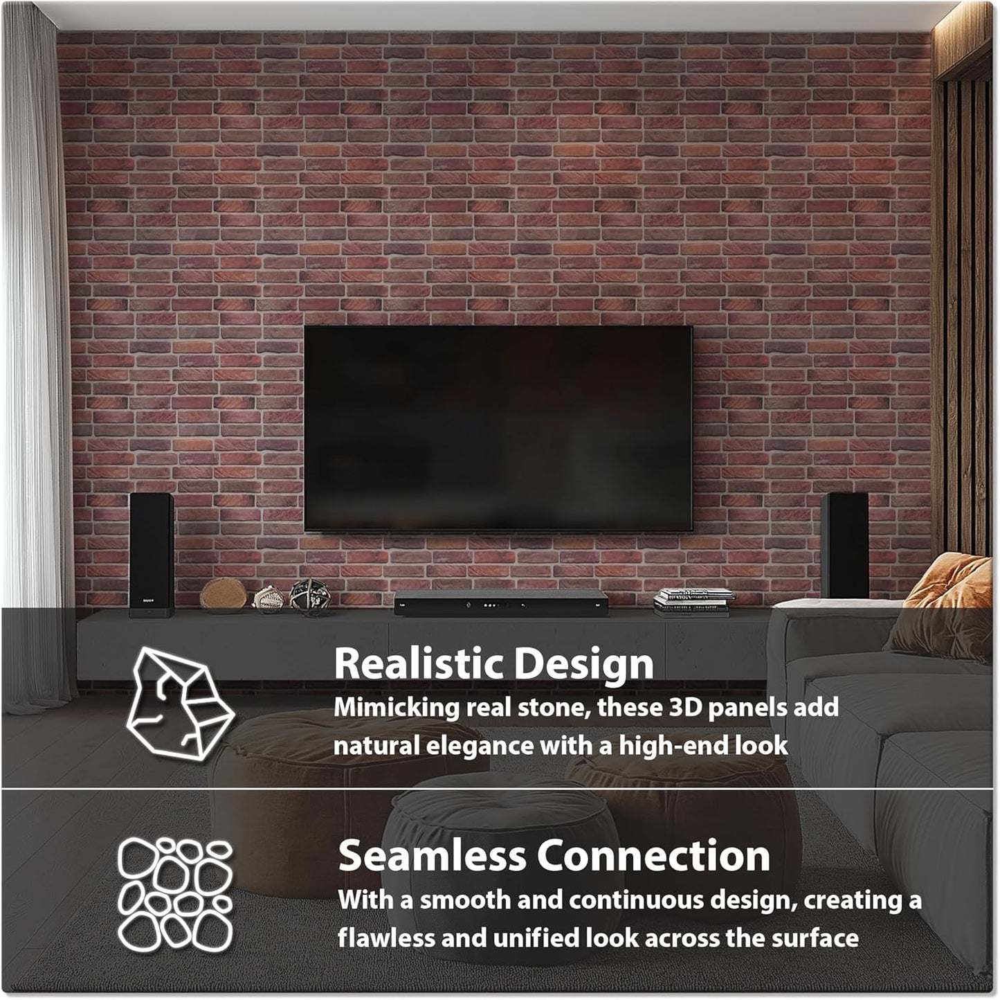 CONCORD WALLCOVERINGS ™ 3D Red Faux Brick Wall Panels - Pack of 20, Lightweight 17.5" x 24" (44.5 cm x 61 cm) PVC Sheets, Decorative Stone Tiles for Living Room, Kitchen - Covers 58.33 Sq Ft (572OR)