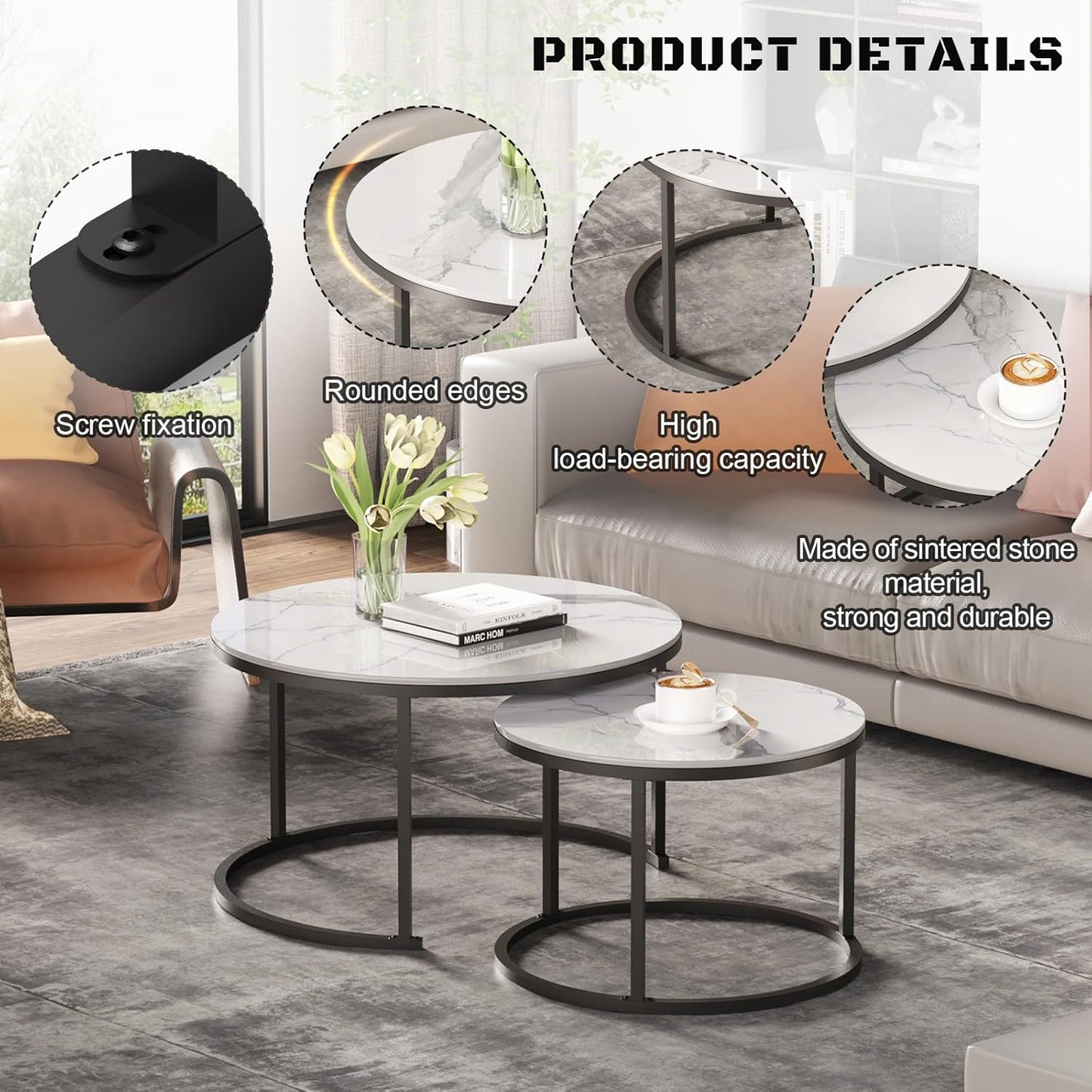 Round Nesting White Modern Decorative Coffee Table (Set of 2), Sintered Stone Top & Sturdy Metal Frame for Living Room