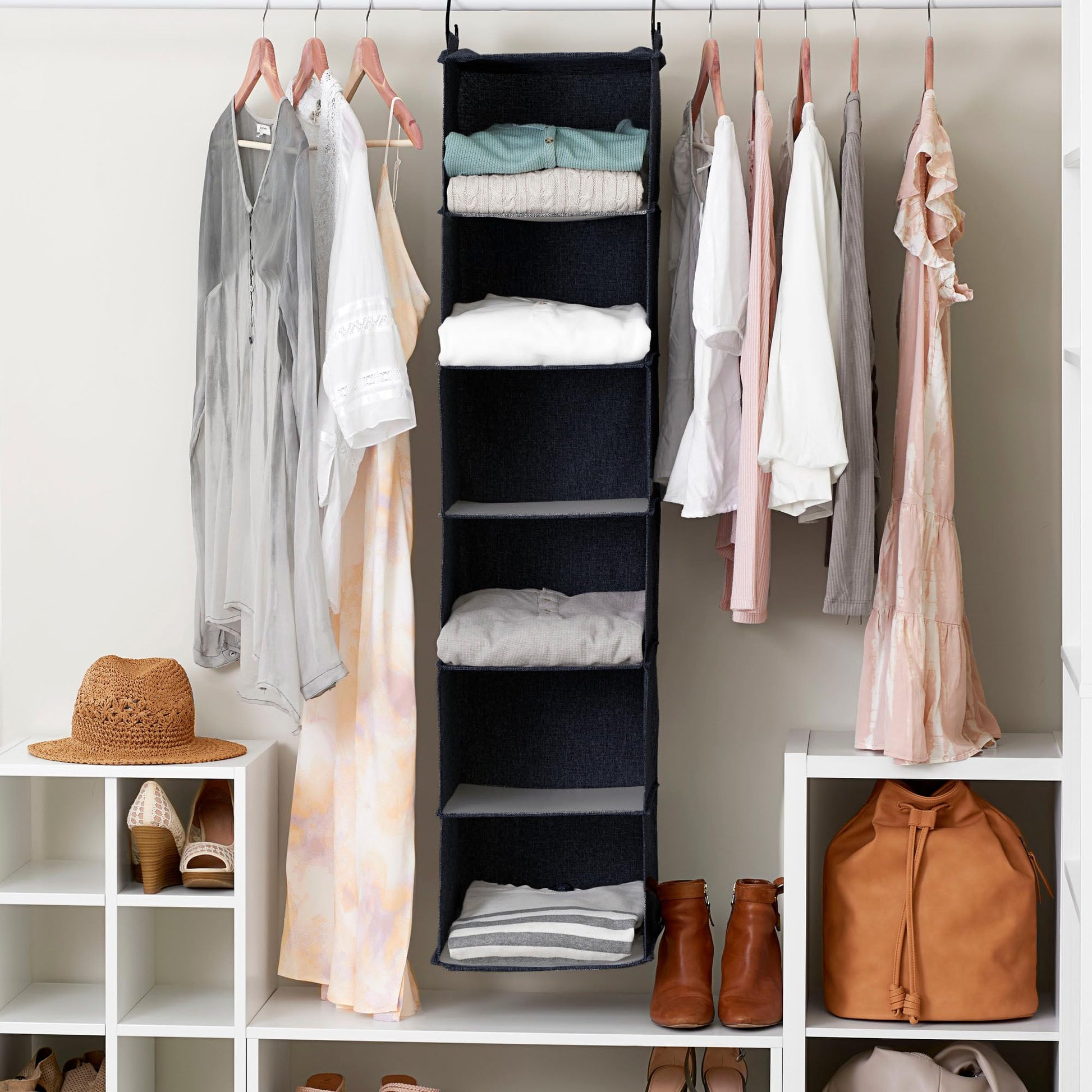 Household Essentials Hanging Cotton Blend Closet Organizer with 6 Storage Shelves, Denim