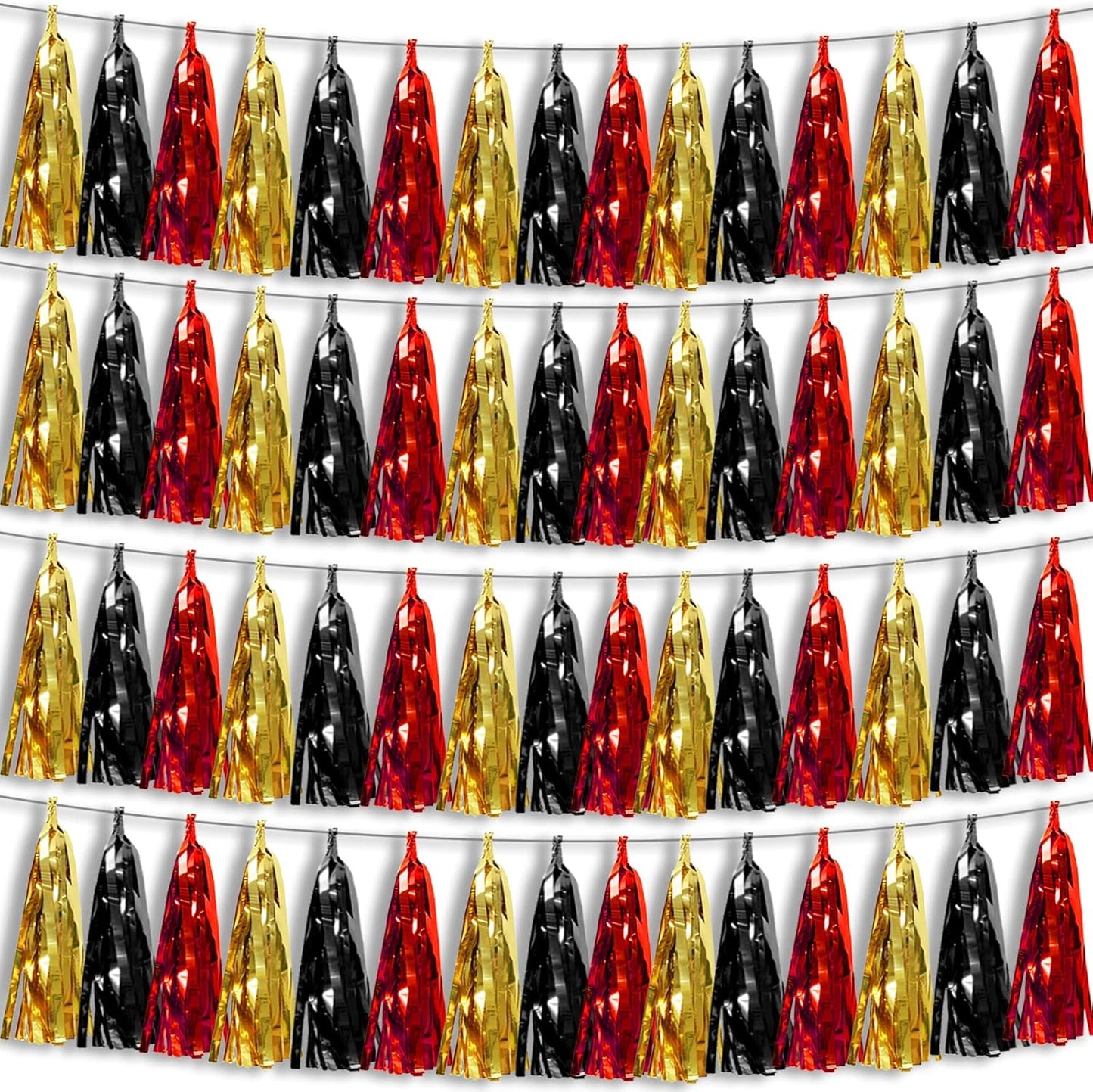 4P Black-Red Gold Foil Fringe Metallic Tassel Garland, Tassels Banner Streamers for Parade Floats, Bachelorette, Wedding, Birthday, Halloween, Christmas, Bridal/Baby Shower Party Decorations