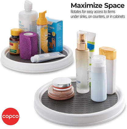 Copco 9 Inch Non Skid Pantry Cabinet Lazy Susan Turntable, Set of 2, Spinning Organizer for Kitchen, Countertop, or Bathroom, White and Gray