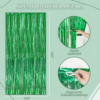 3 Pack Foil Fringe Backdrop - Green Shiny Tinsel Curtains for Party Decoration/Photo Booth Props - 3.3x8.2 FT Metallic Foil Backdrop for Birthday, Wedding, Graduation, Christmas.