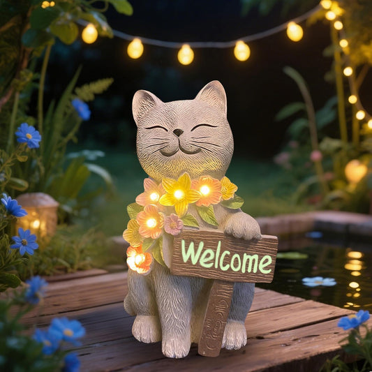 Solar Cat Garden Statue for Outdoor Decor, Cat Solar Light with Flowers, Resin Welcome Cats for Garden, Yard, Lawn Decor, Cats Lover Gifts for Women