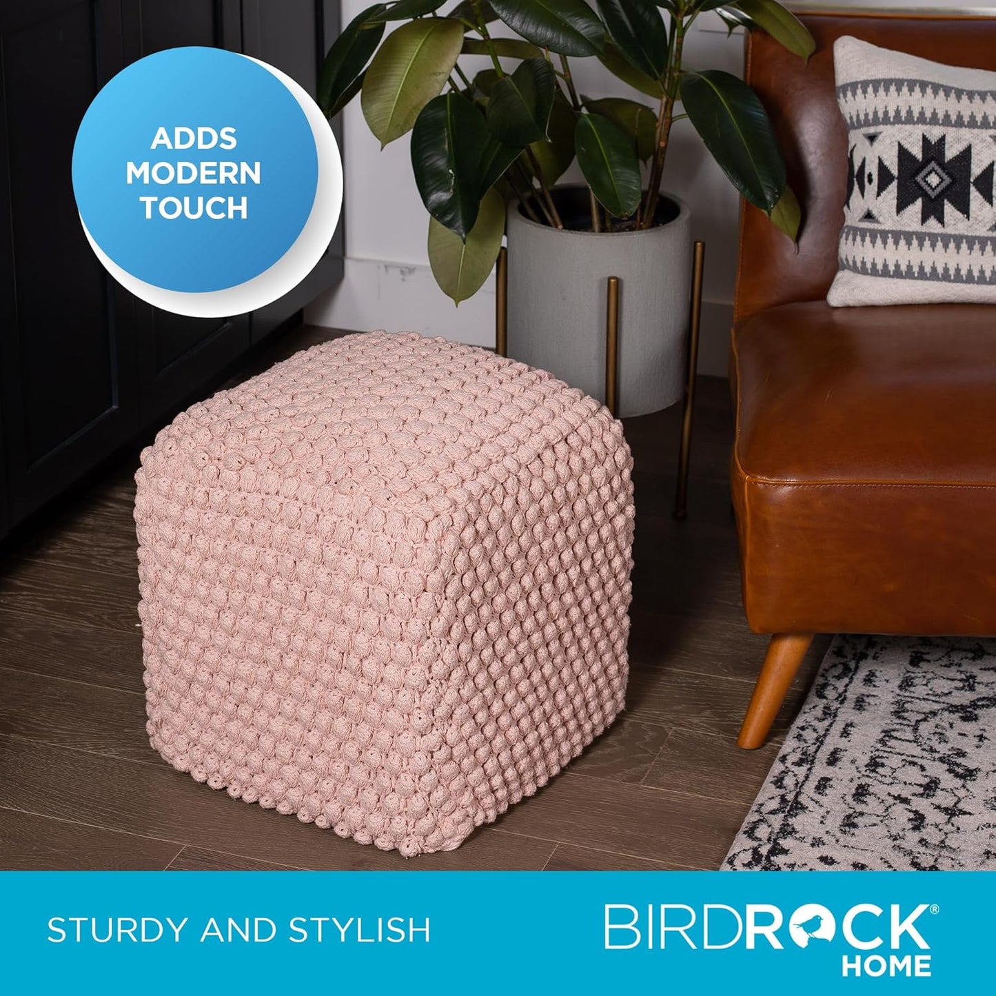 BIRDROCK HOME Buds Pouf Foot Stool Ottoman - Knit Bean Bag Floor Chair - Cotton Braided Cord - Great for The Living Room, Bedroom and Kids Room - Small Furniture (Dusty Rose - Buds)